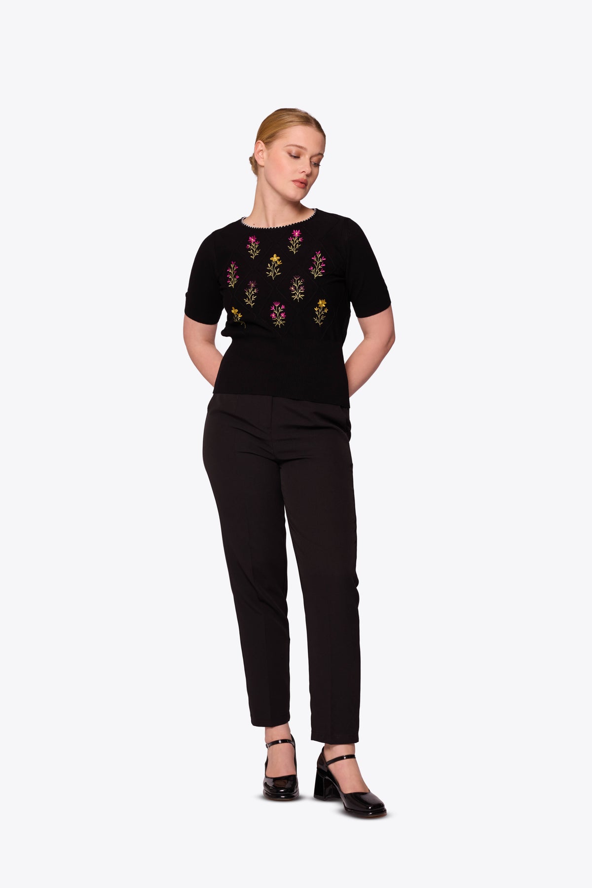 Viola Embroidered Diamond Knit Black Top
