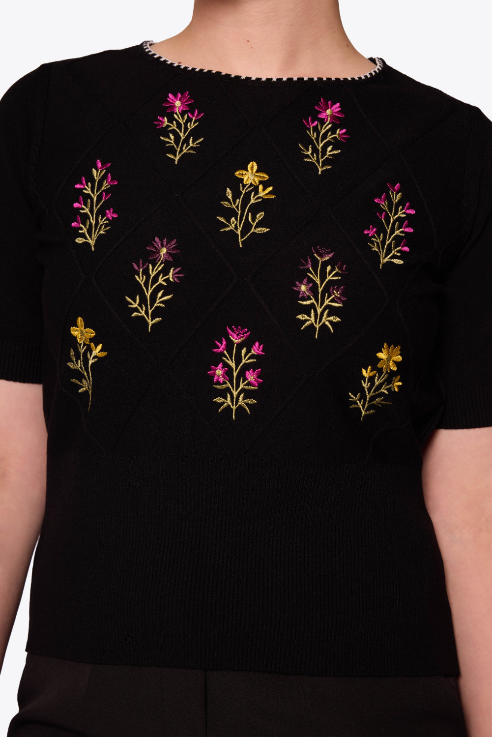 Viola Embroidered Diamond Knit Black Top