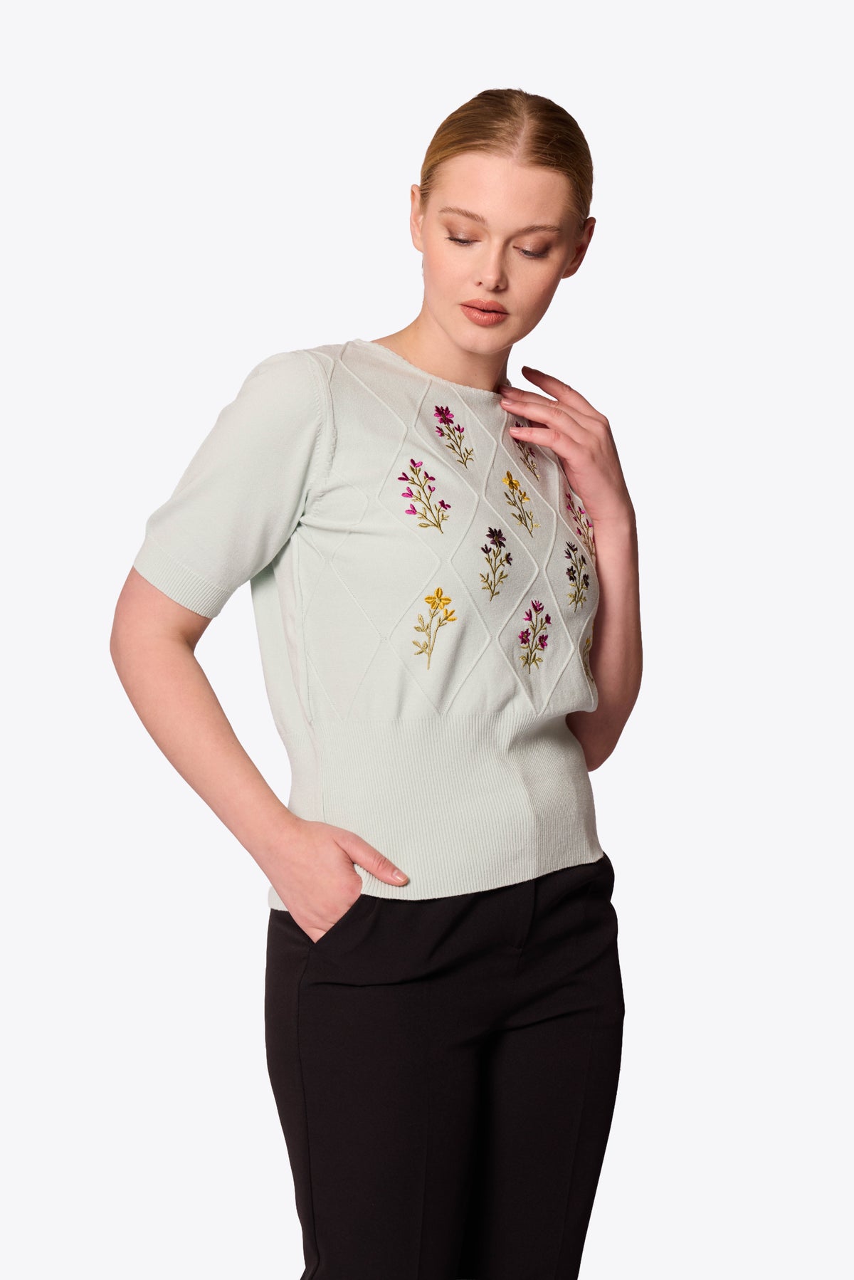 Viola Embroidered Diamond Knit Mint Top