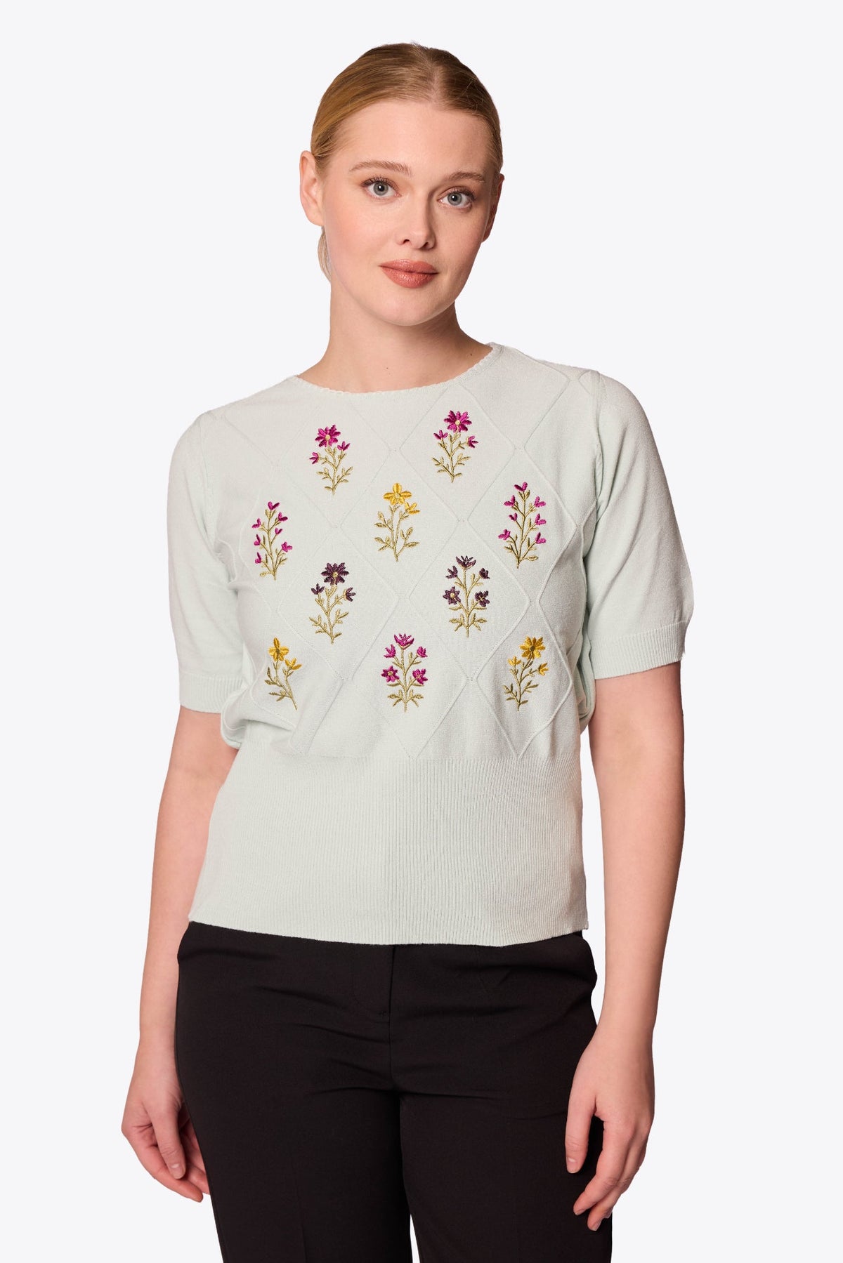 Viola Embroidered Diamond Knit Mint Top