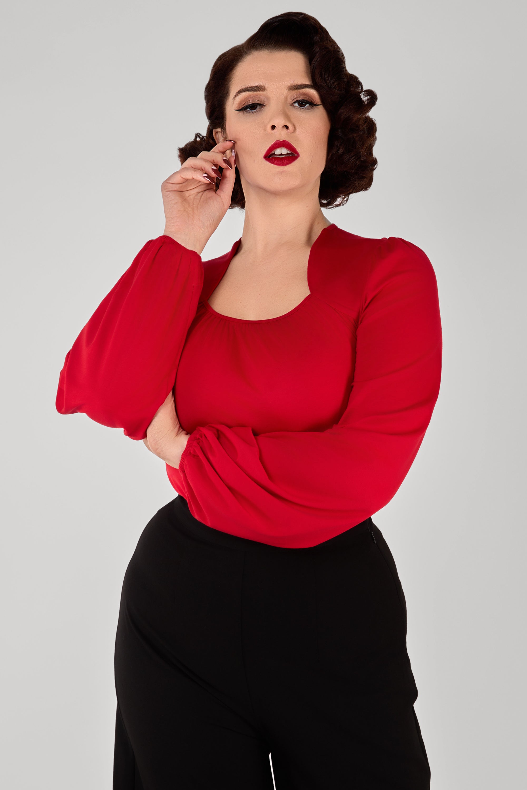 Leslie Red Balloon Sleeve Jersey Top