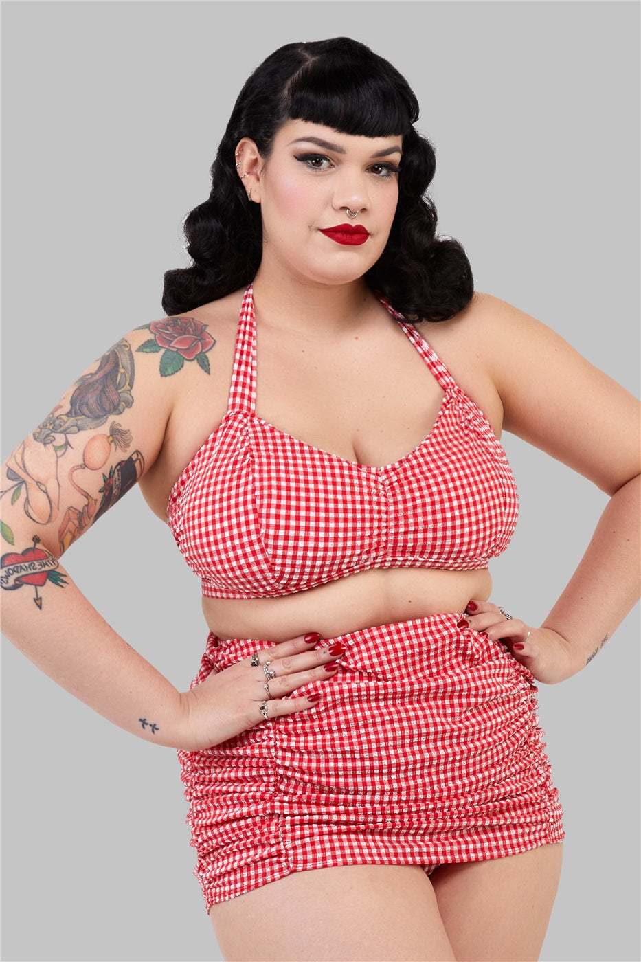 Retro ruched gingham girdle swim skirt