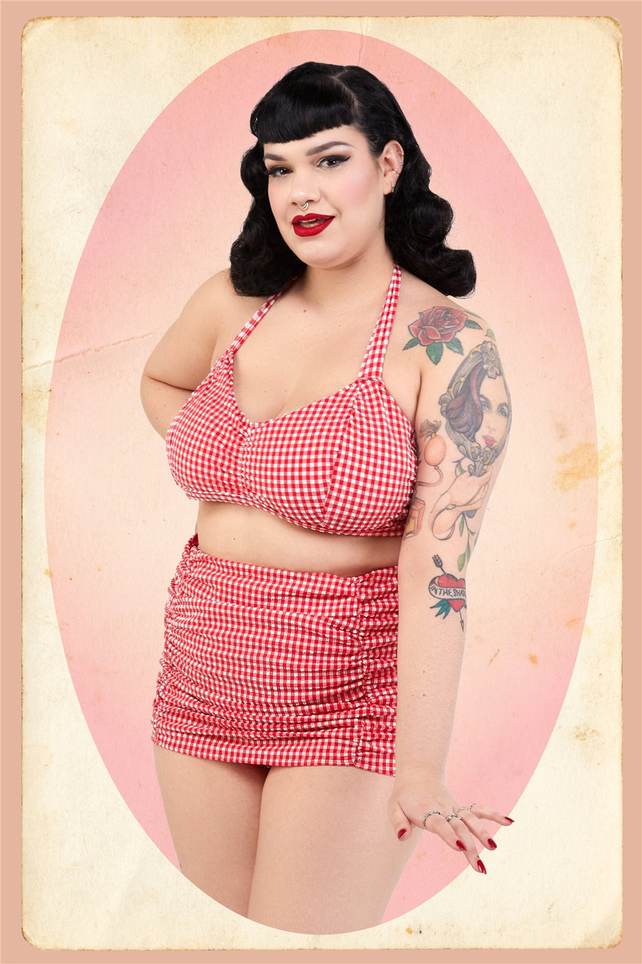 Retro ruched gingham girdle swim skirt