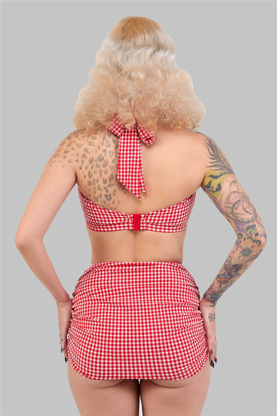 Retro ruched gingham girdle swim skirt