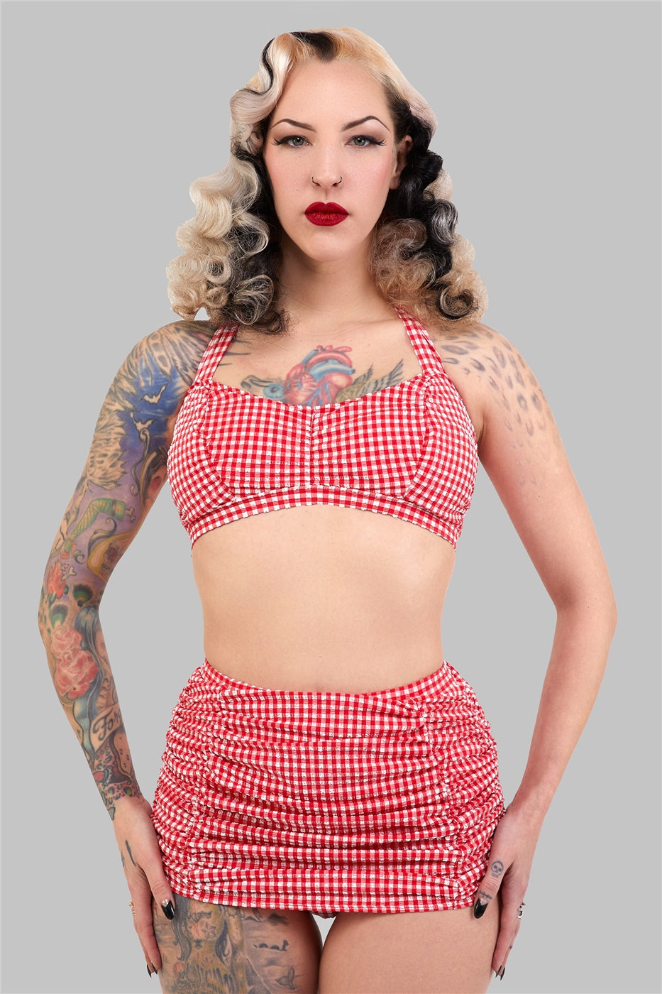 Retro ruched gingham girdle swim skirt