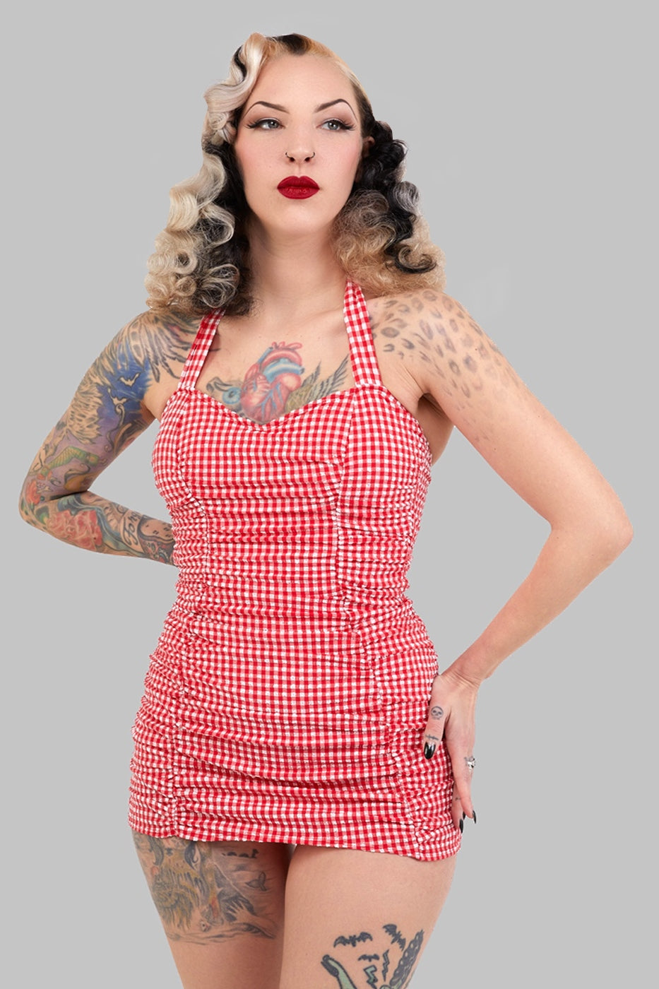 Retro Ruched Gingham Halter Swimsuit