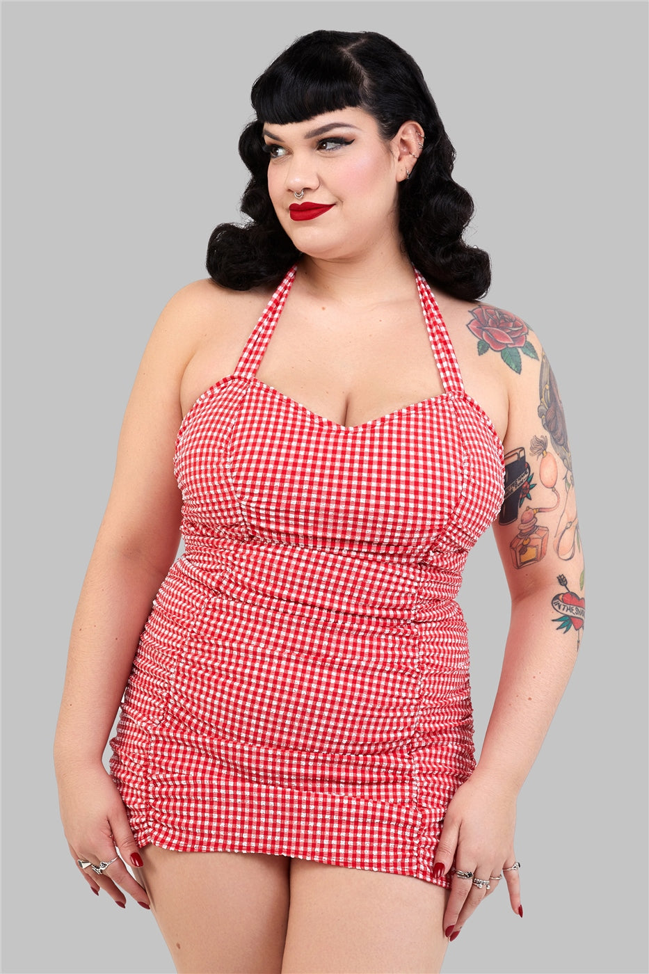Retro Ruched Gingham Halter Swimsuit