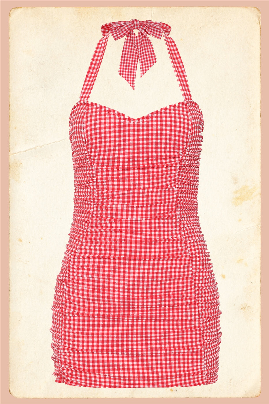 Retro Ruched Gingham Halter Swimsuit