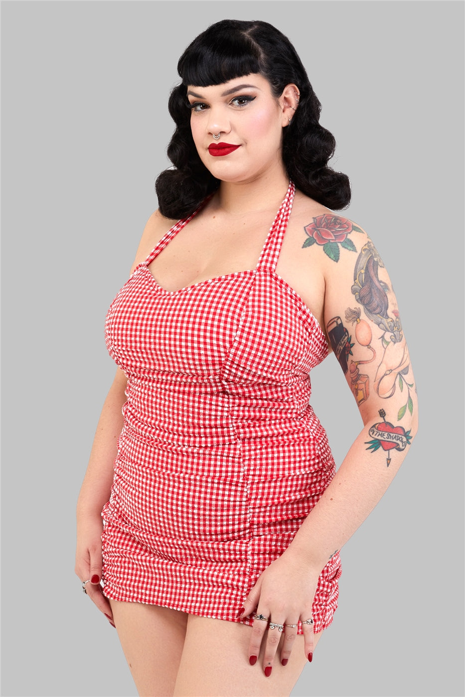 Retro Ruched Gingham Halter Swimsuit