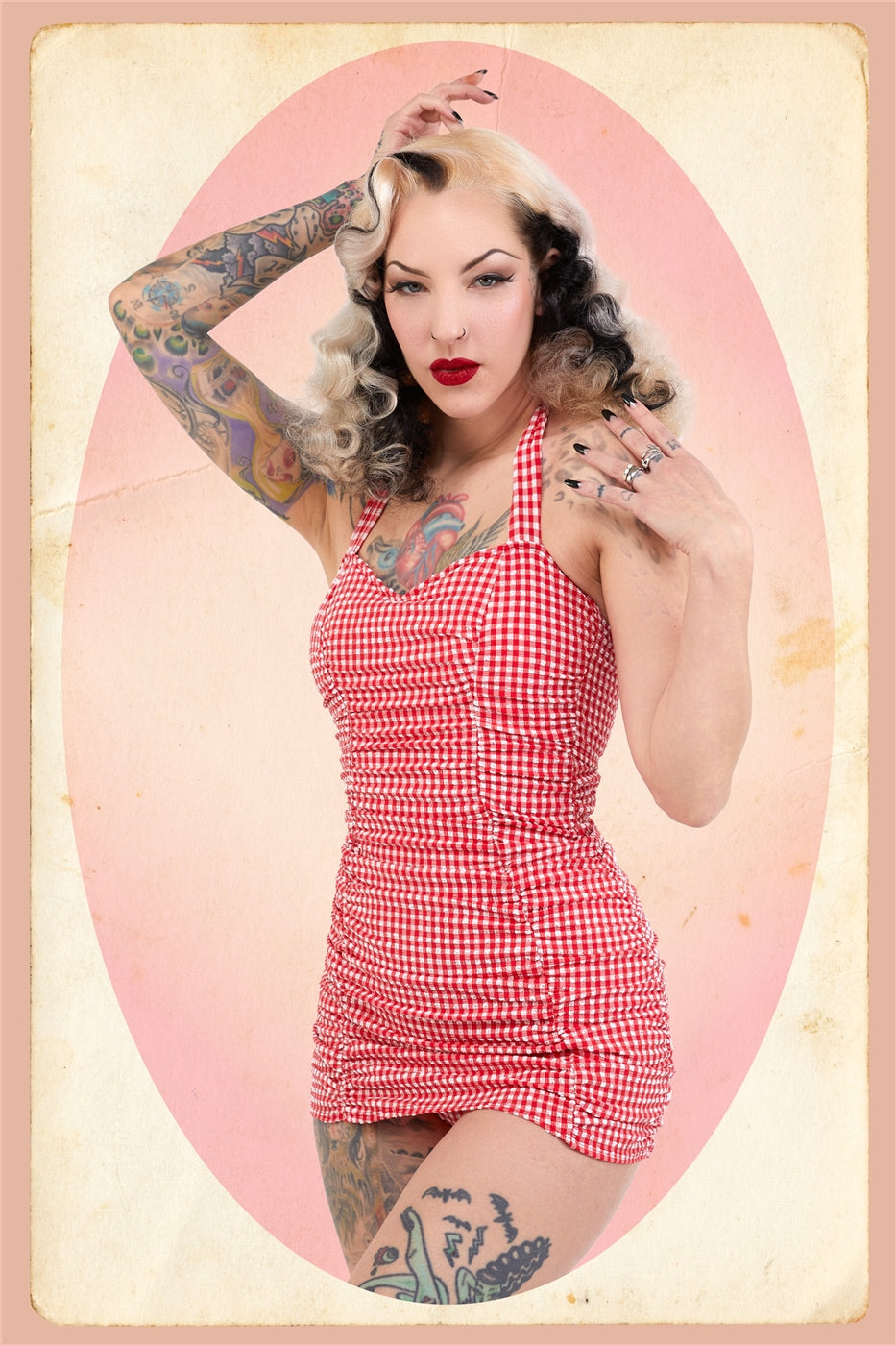 Retro Ruched Gingham Halter Swimsuit