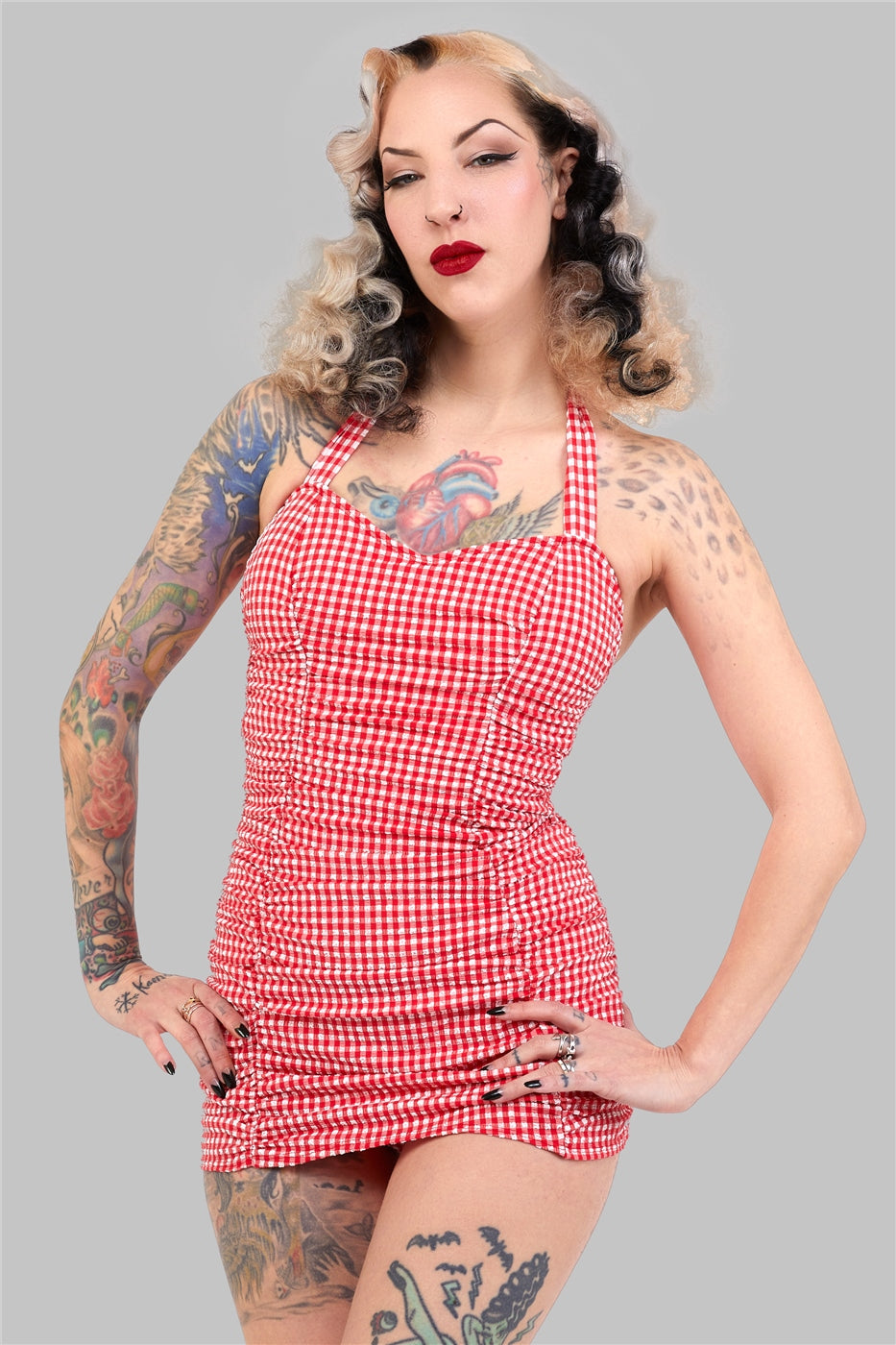 Retro Ruched Gingham Halter Swimsuit