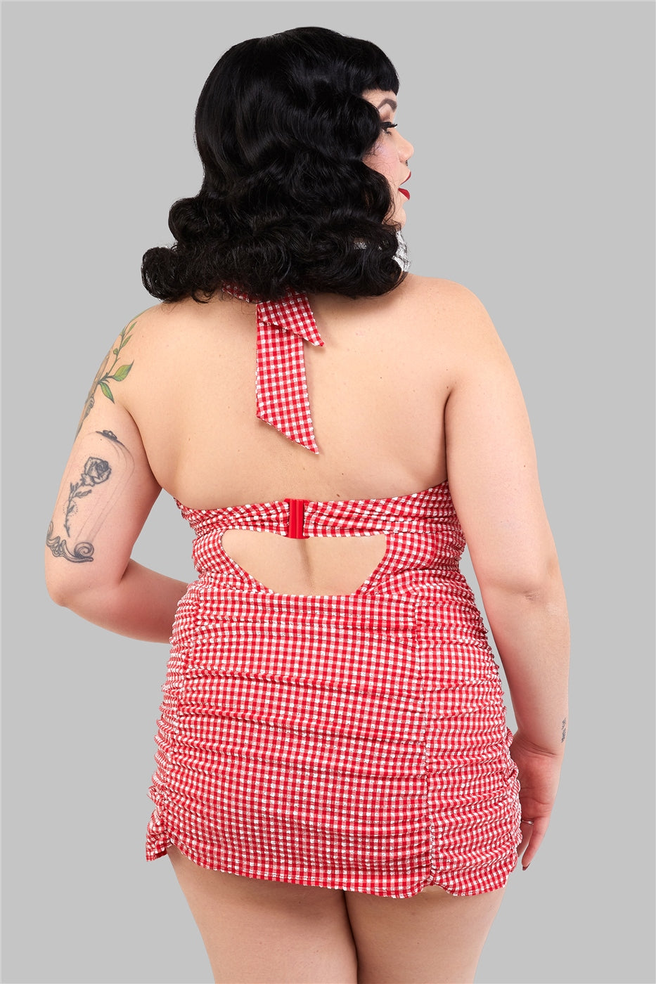 Retro Ruched Gingham Halter Swimsuit