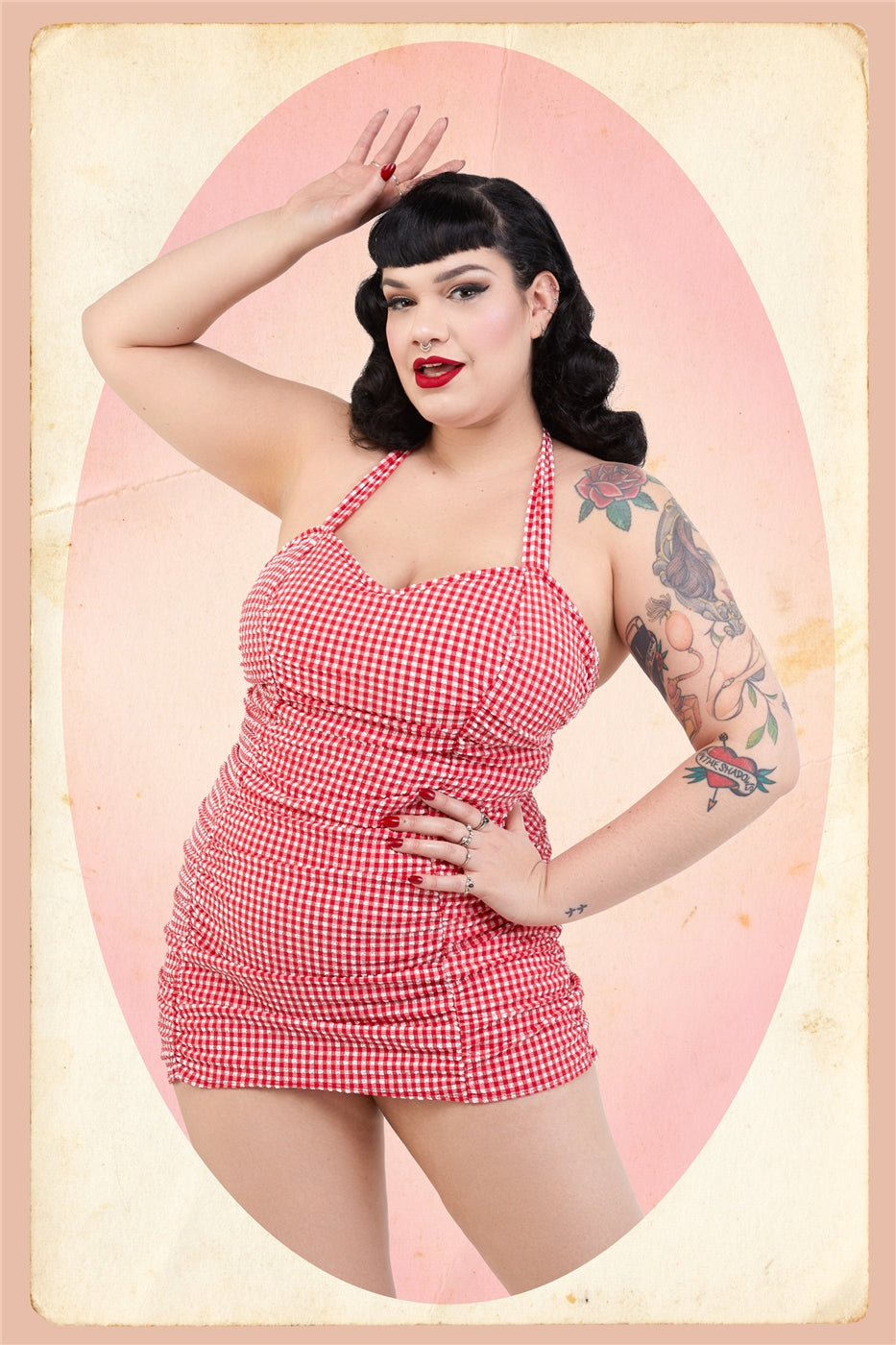 Retro Ruched Gingham Halter Swimsuit
