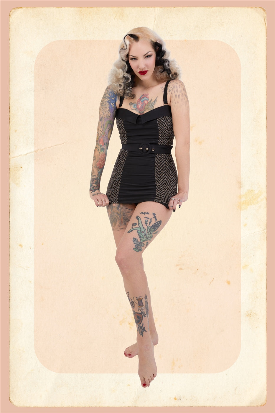 Glitter Chevron Folded Collar Swimsuit