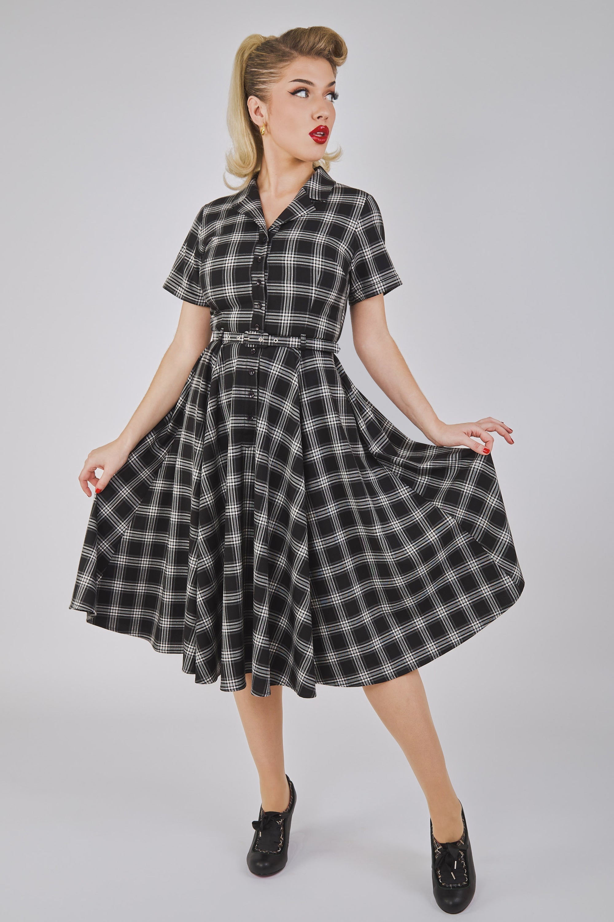 Caterina Black Ghost Check Swing Dress