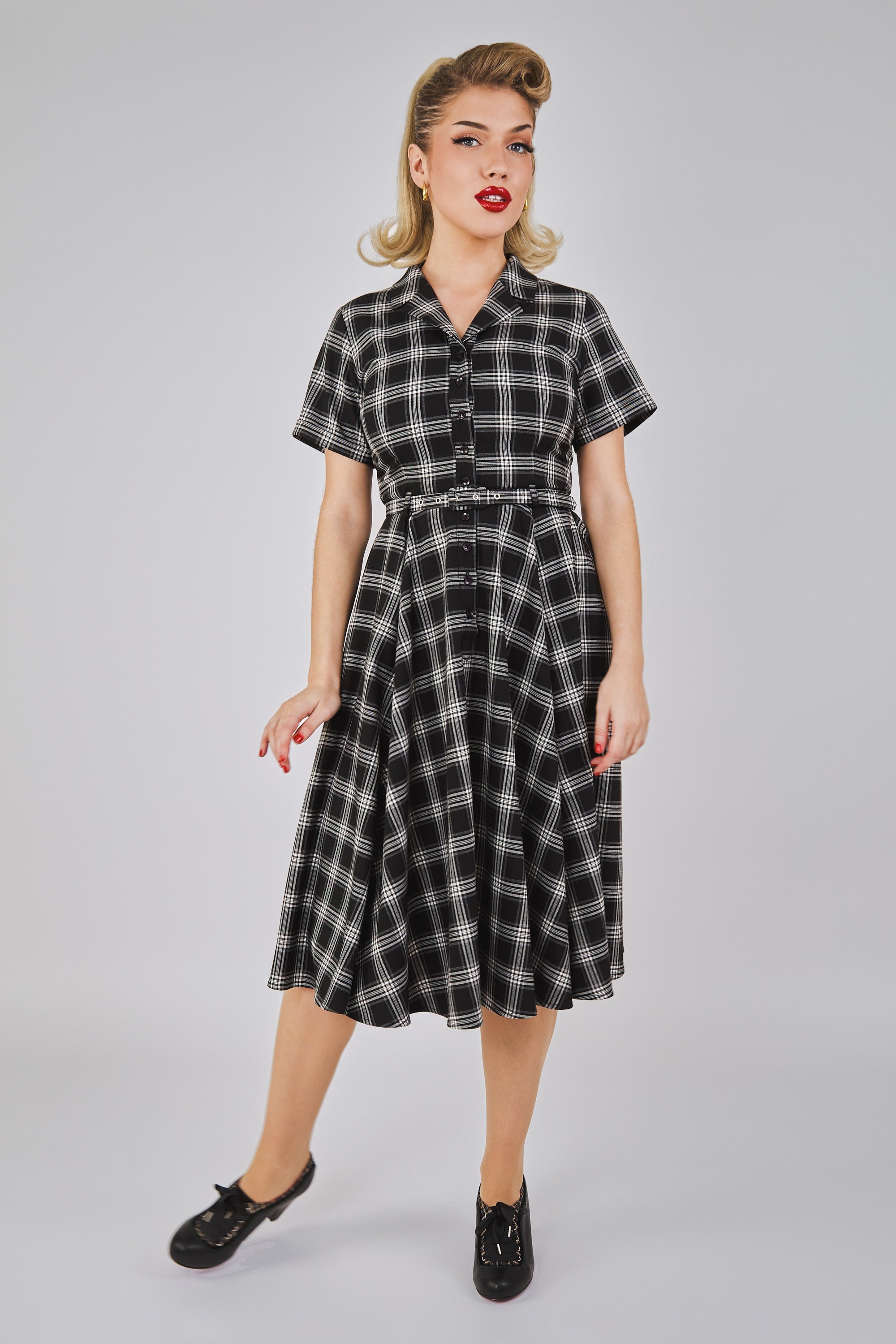 Caterina Black Ghost Check Swing Dress