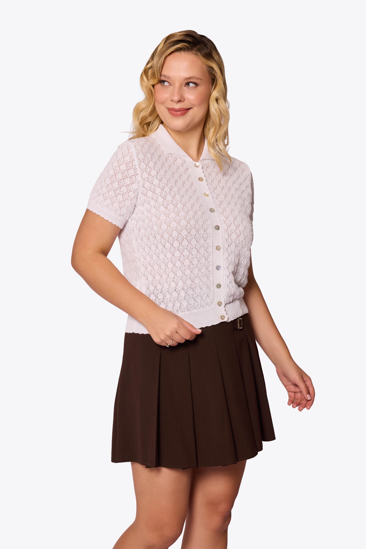 Sylvia Diamond Pointelle Polo White Cardigan