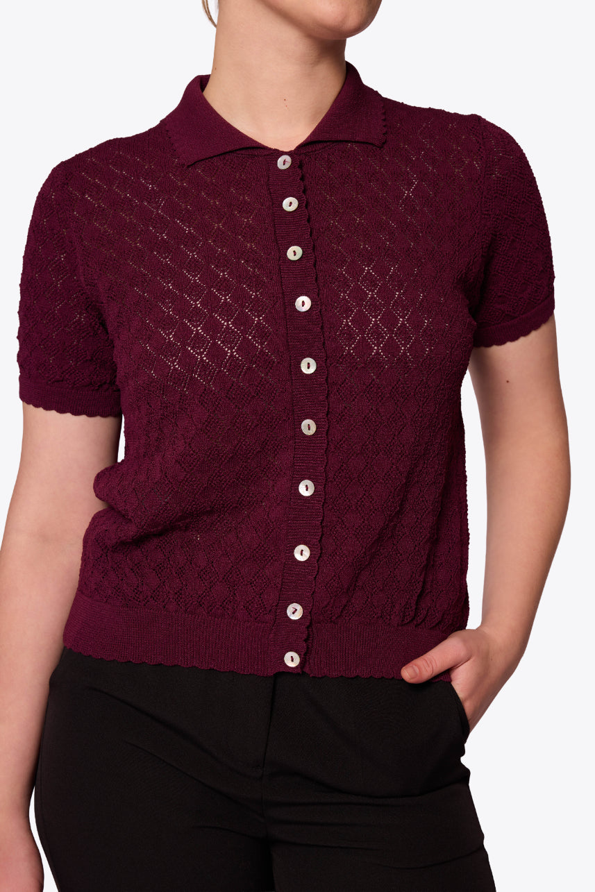 Sylvia Diamond Pointelle Polo Maroon Cardigan