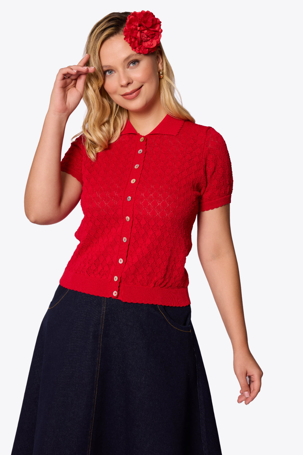 Sylvia Diamond Pointelle Polo Red Cardigan