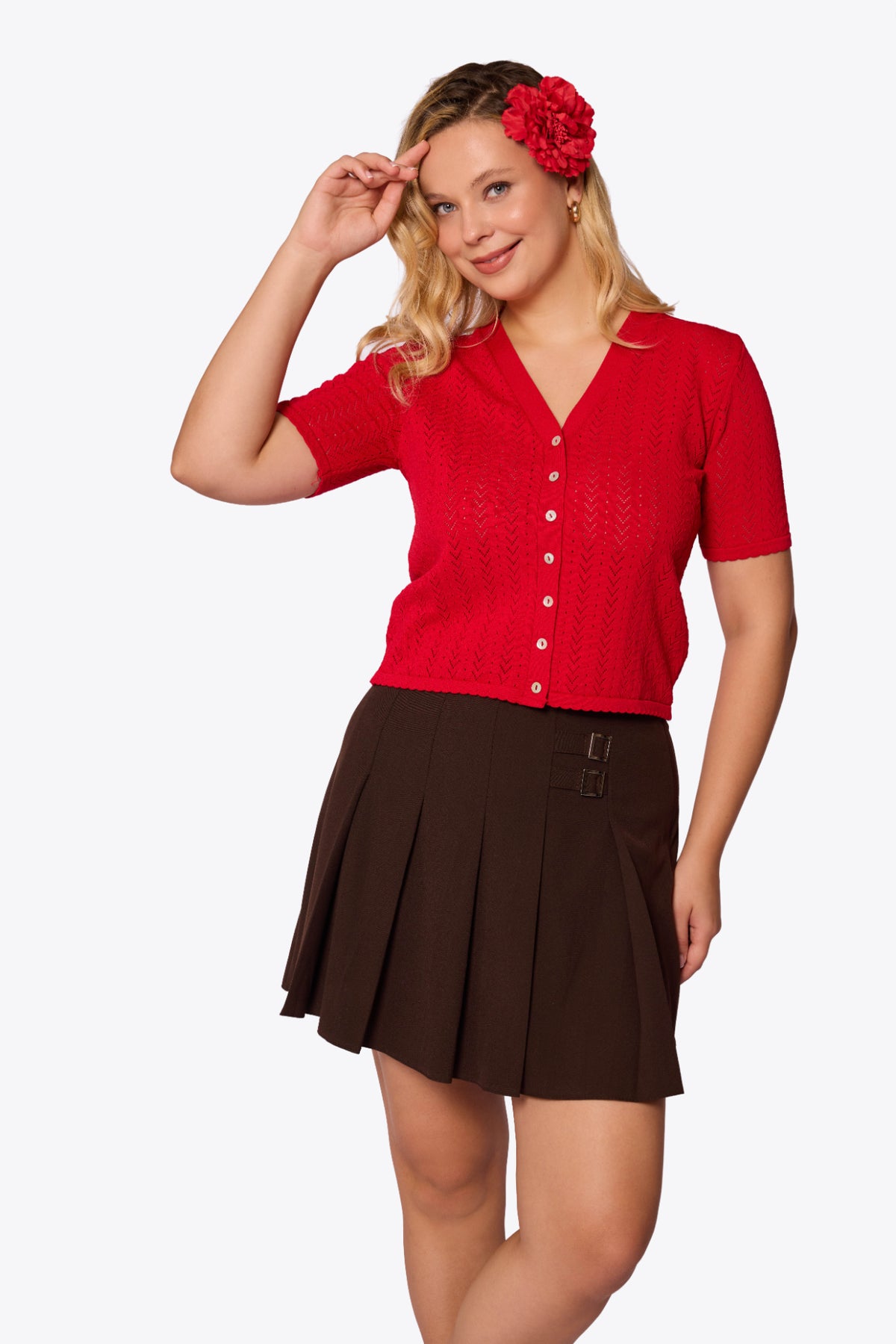 Iris Chevron Pointelle Red Cardigan