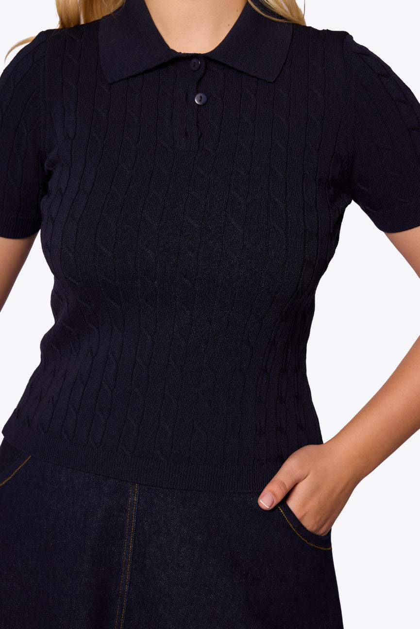 Mabel Cable Polo Navy Knit