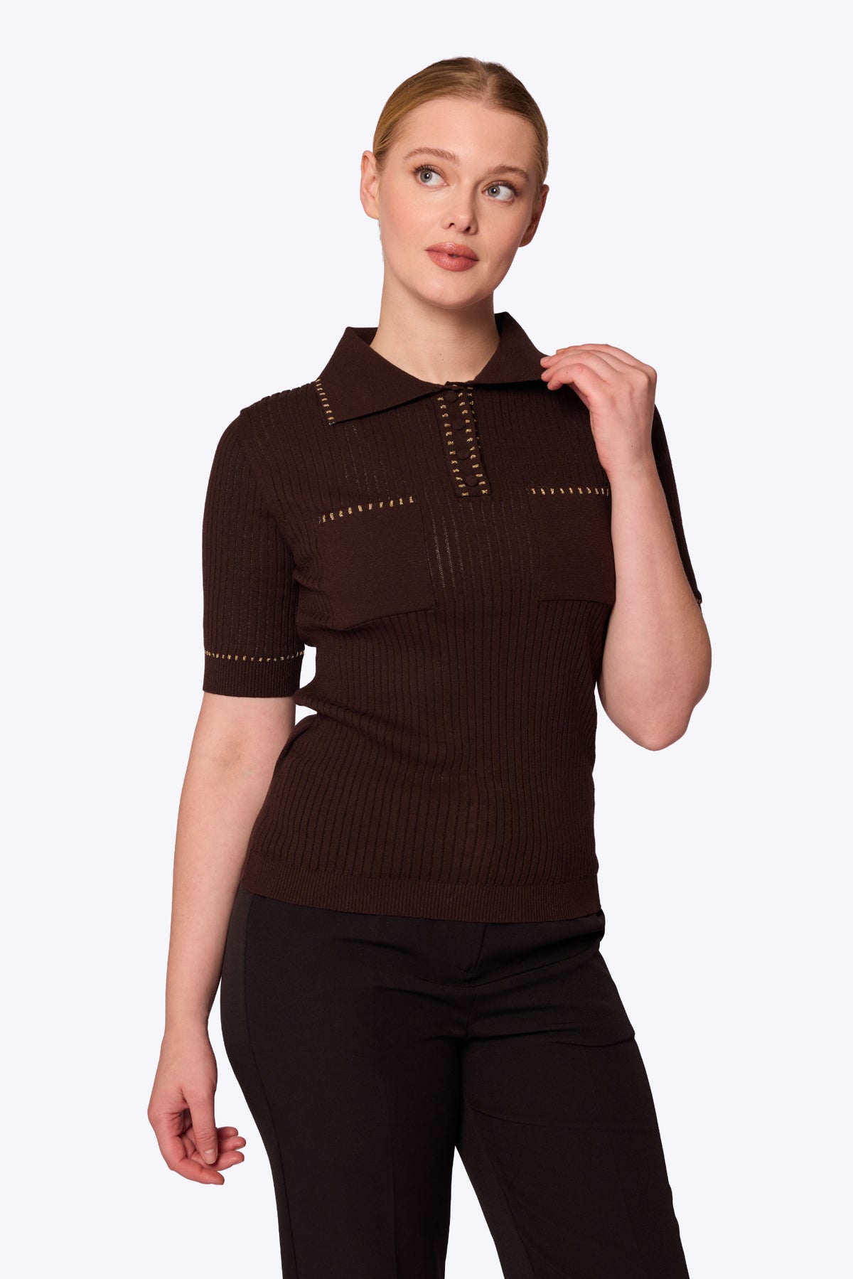 Peggy Stitch Pocket Polo Brown Top