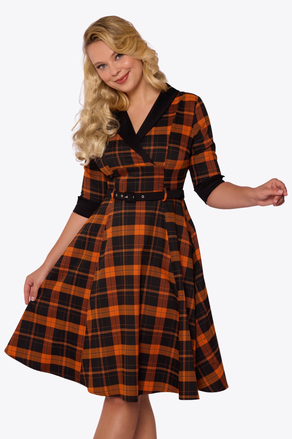 Margaret Pumpkin Check Flared Dress