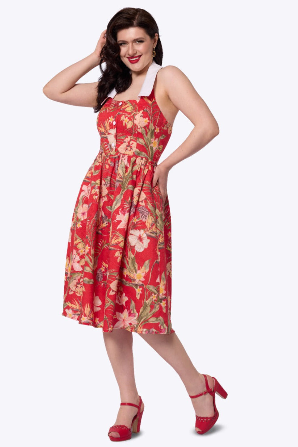Collectif Women's Waverly Hibiscus Swing Dress, RED, UK18 Collectif Women's Waverly Hibiscus Swing Dress, RED, UK18