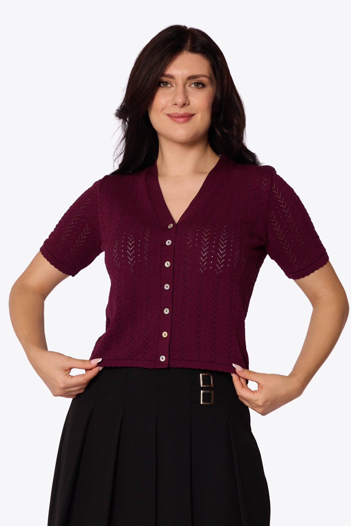 Iris Chevron Pointelle Maroon Cardigan