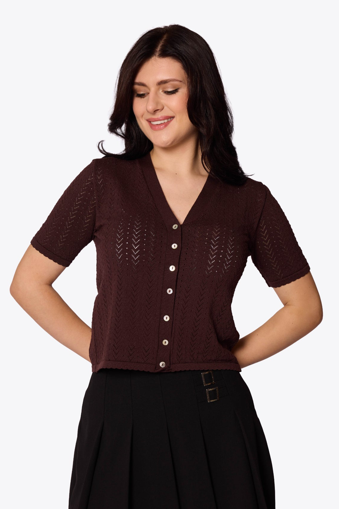 Iris Chevron Pointelle Chocolate Cardigan