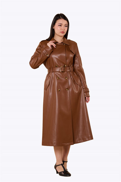 Kathie 40s Leather Trench Coat Brown