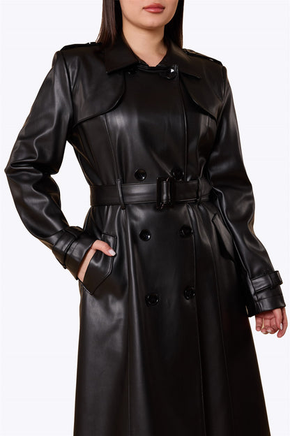 Kathie 40s Leather Trench Coat Black