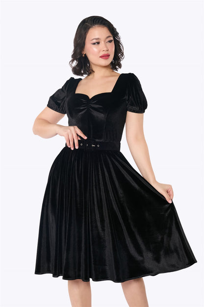 Collectif Black Velvet Heart-Shaped Neckline Knee-Length Dress for Women, UK 20
