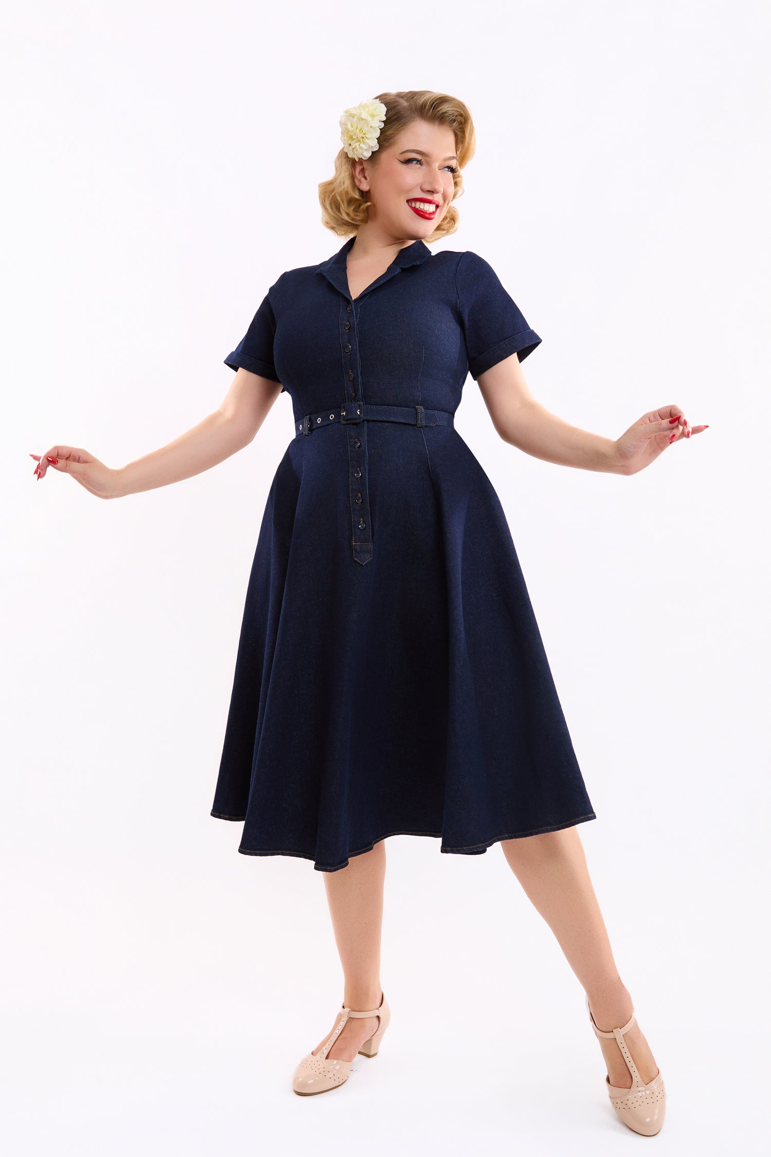 Collectif Caterina Denim Swing Dress, Navy, UK20