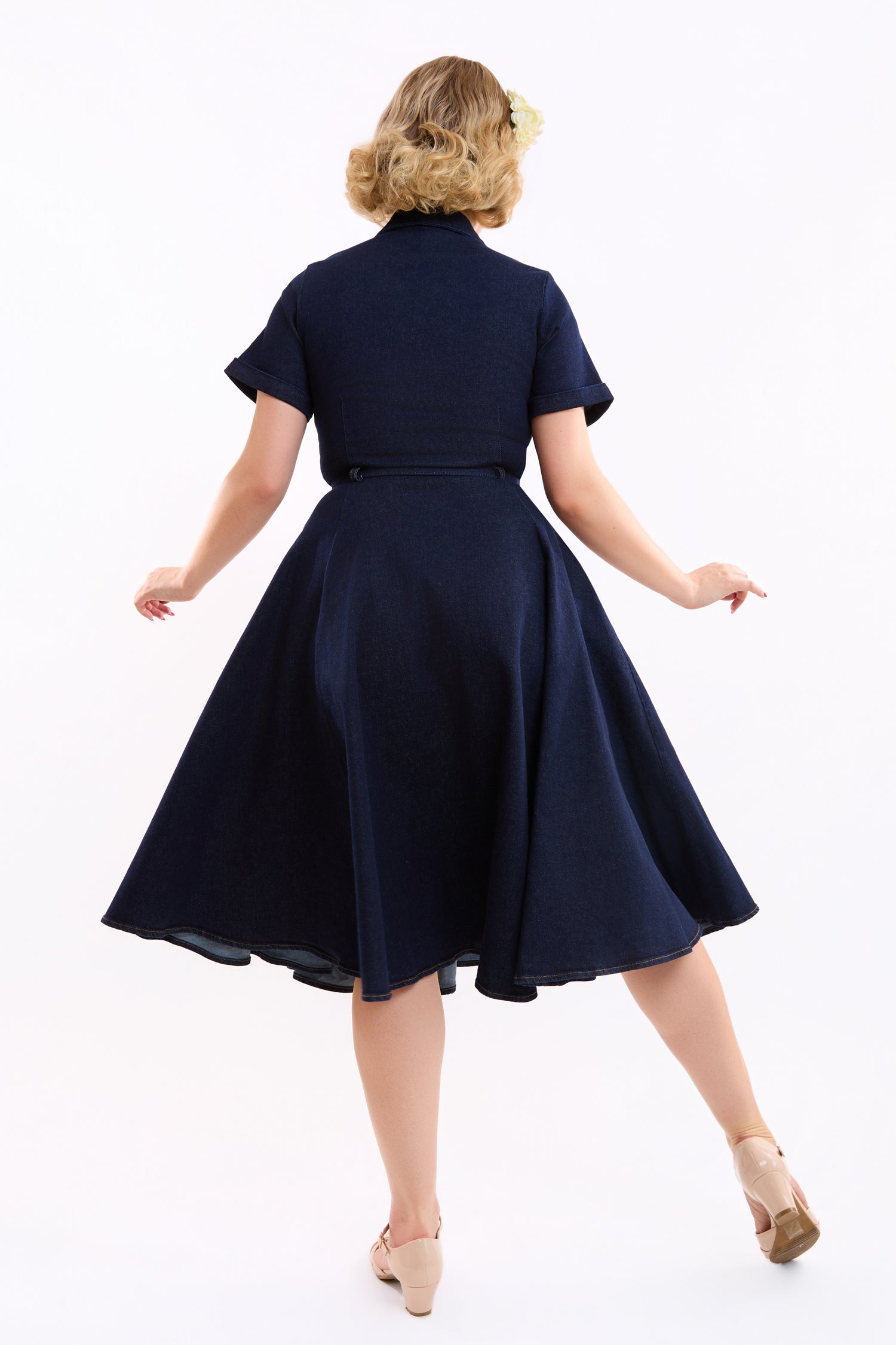 Collectif Caterina Denim Swing Dress, Navy, UK20