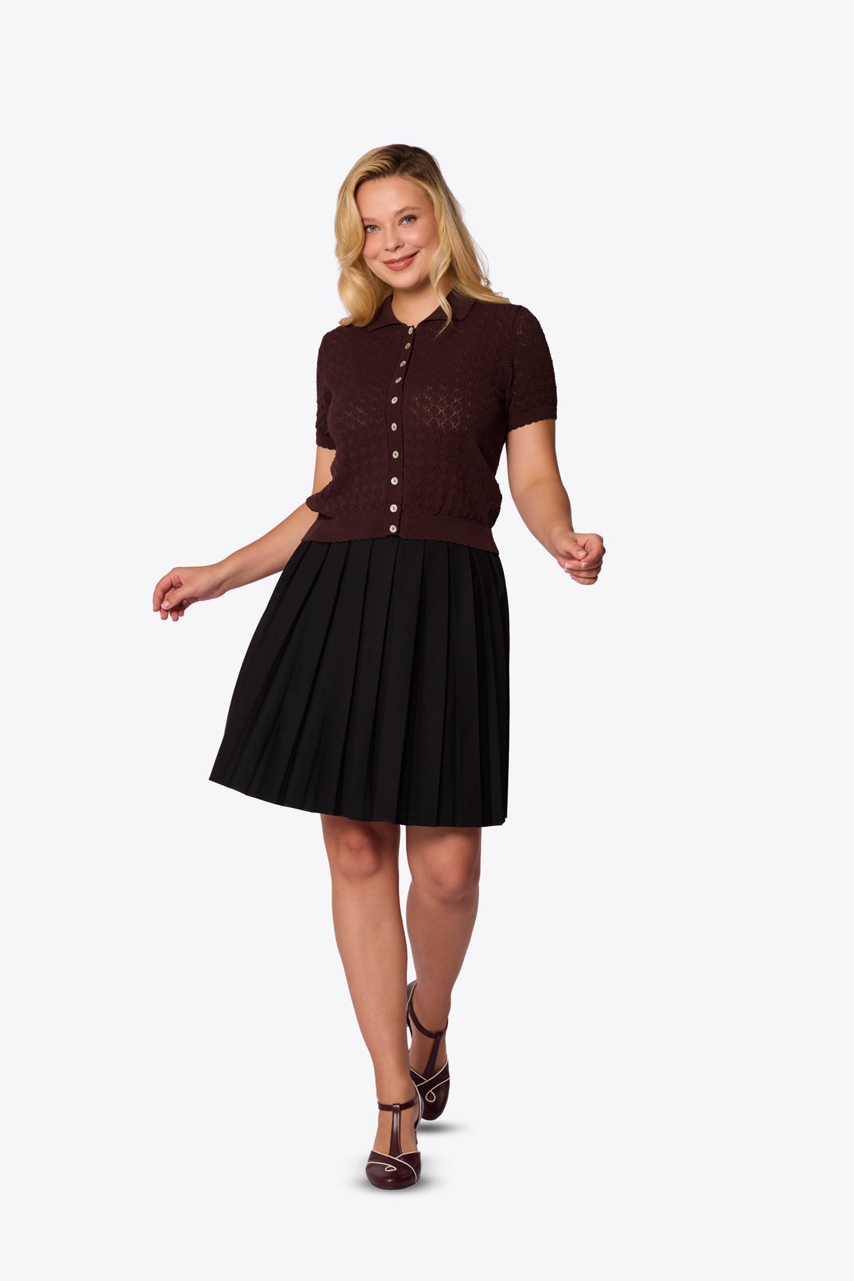 Sylvia Diamond Pointelle Polo Brown Cardigan