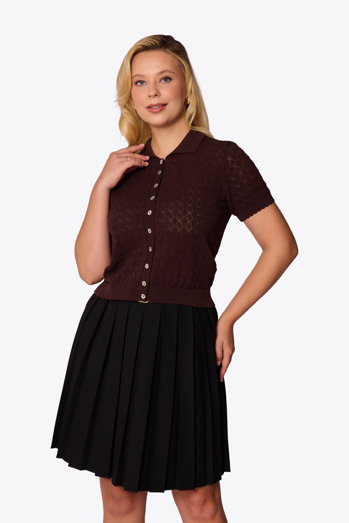 Sylvia Diamond Pointelle Polo Brown Cardigan