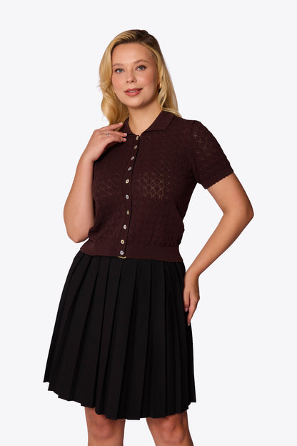 Sylvia Diamond Pointelle Polo Brown Cardigan