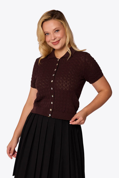 Sylvia Diamond Pointelle Polo Brown Cardigan