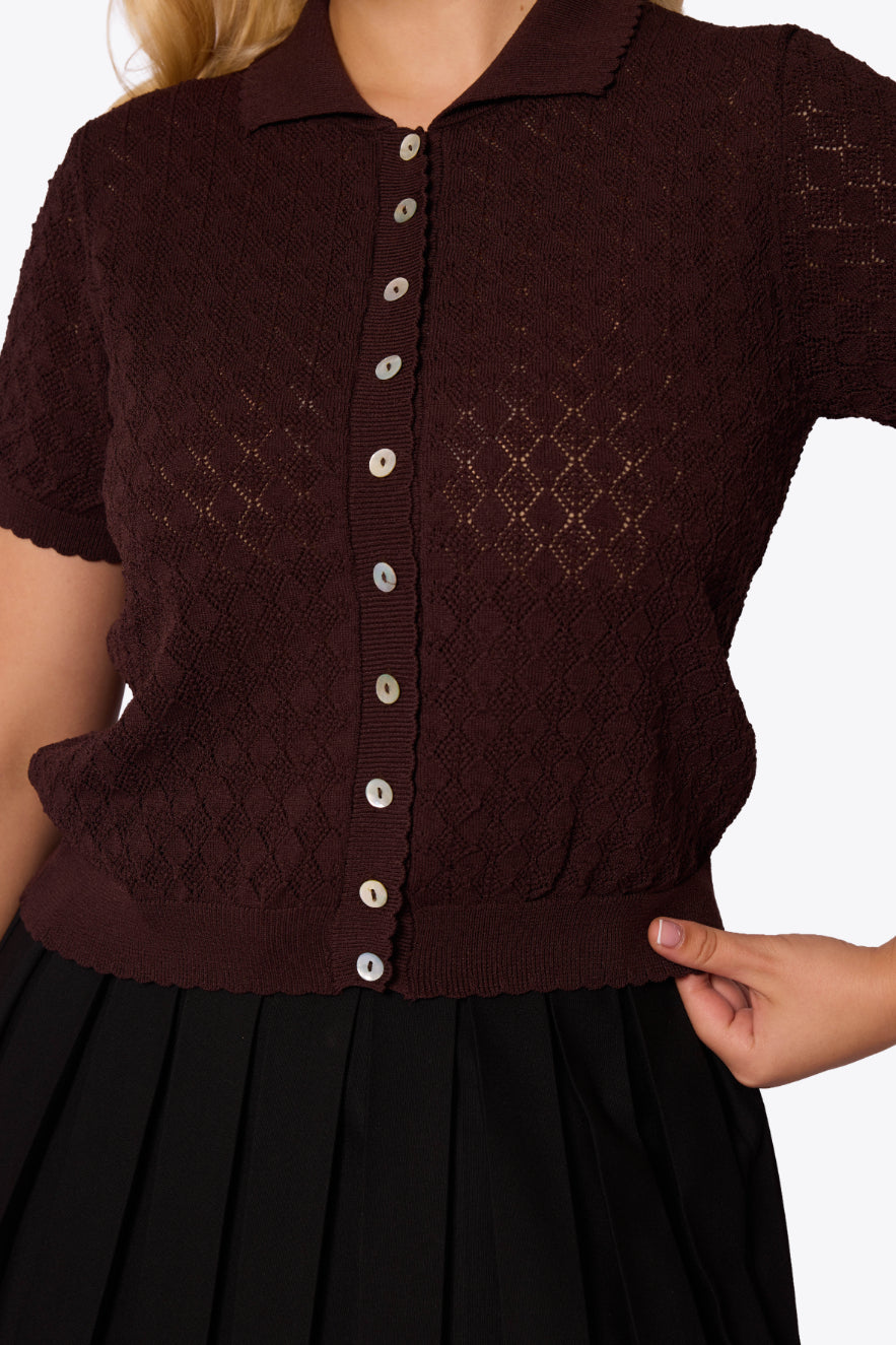 Sylvia Diamond Pointelle Polo Brown Cardigan