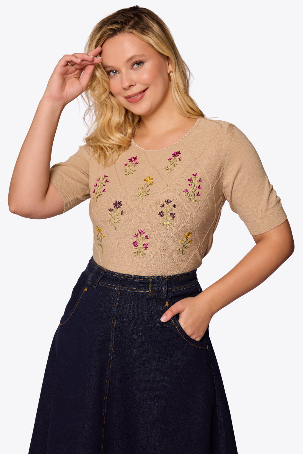 Viola Embroidered Diamond Knit Mink Top