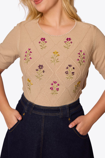 Viola Embroidered Diamond Knit Mink Top