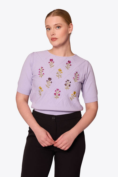 Viola Embroidered Diamond Knit Lilac Top