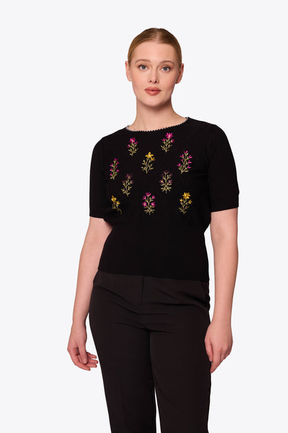 Viola Embroidered Diamond Knit Black Top