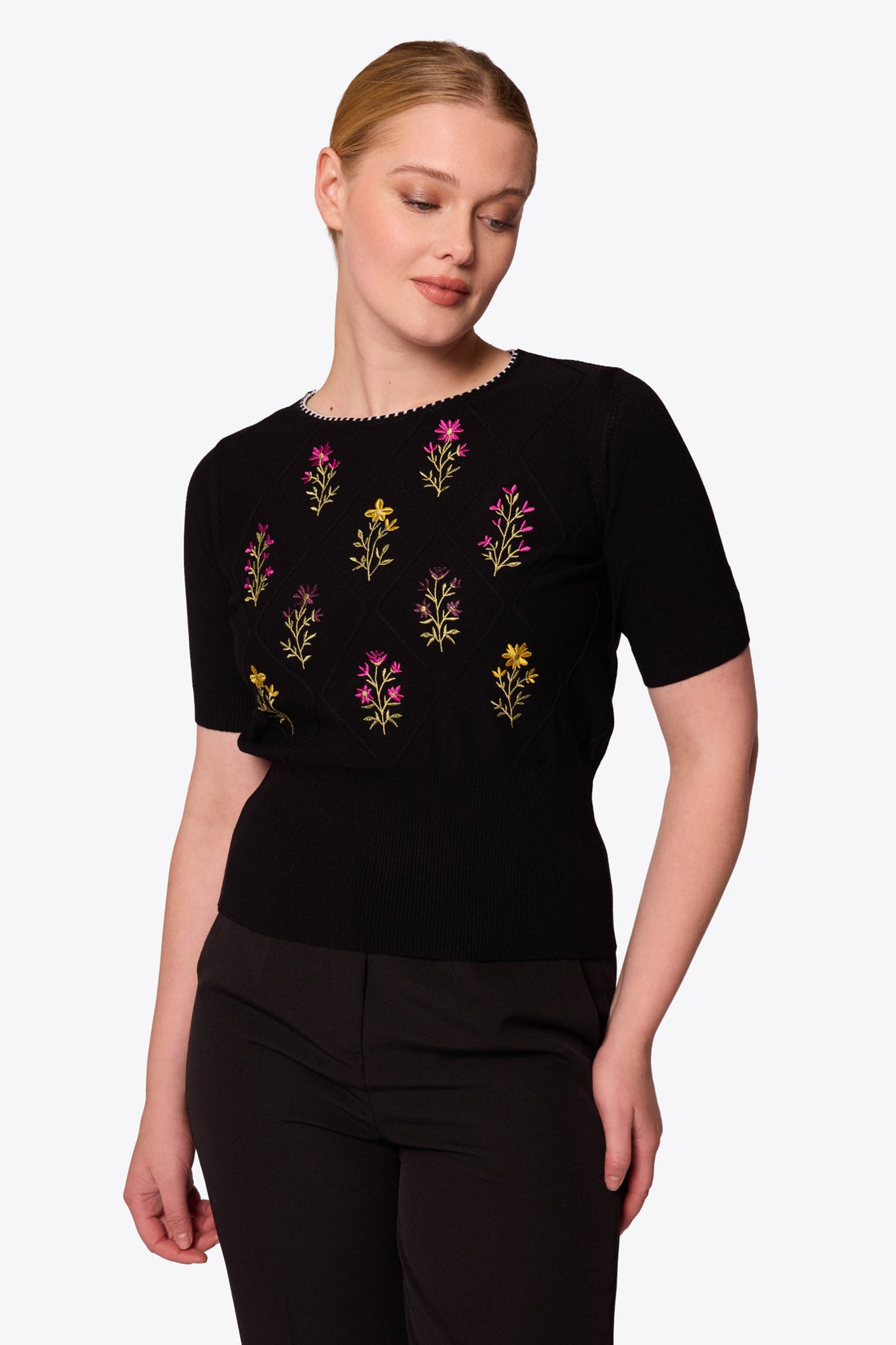 Viola Embroidered Diamond Knit Black Top