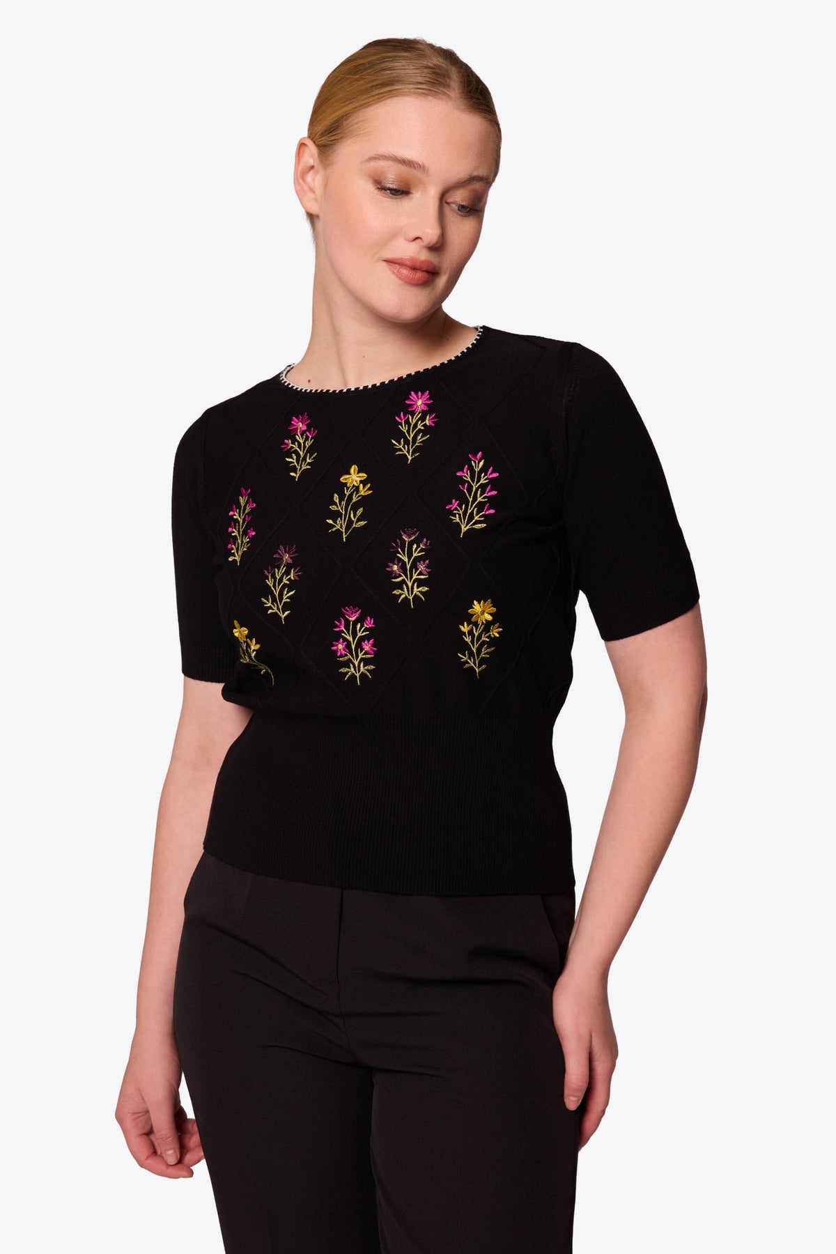 Viola Embroidered Diamond Knit Black Top