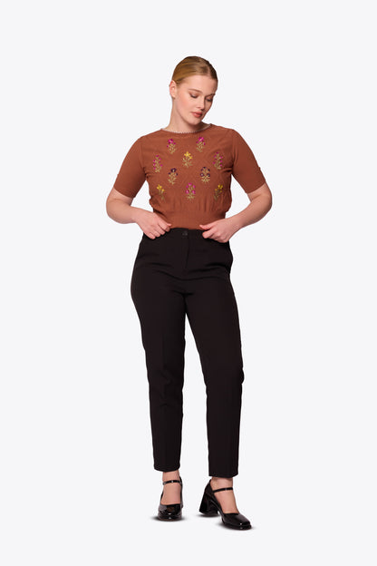 Viola Embroidered Diamond Knit Brown Top