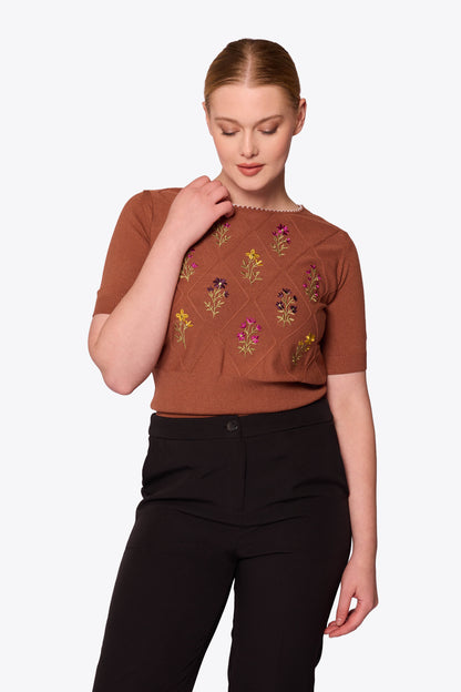 Viola Embroidered Diamond Knit Brown Top