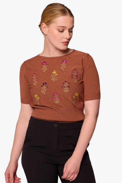 Viola Embroidered Diamond Knit Brown Top