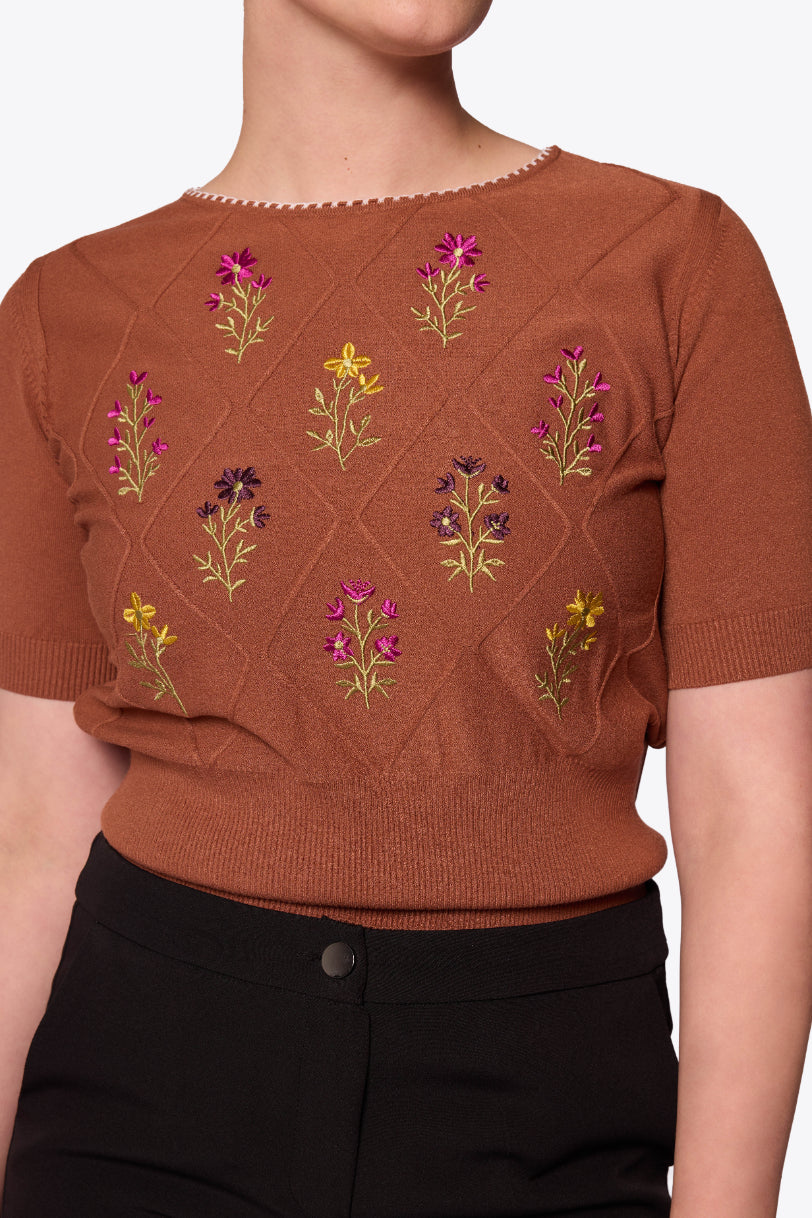 Viola Embroidered Diamond Knit Brown Top